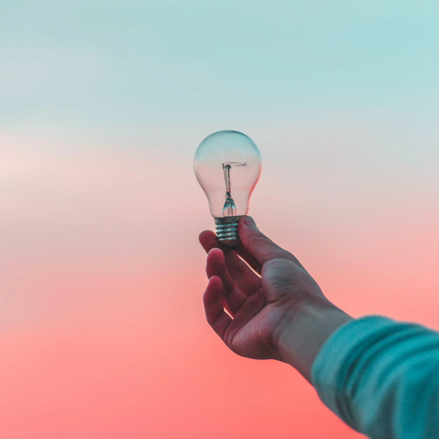 A lightbulb is held up against and pink and blue sky.